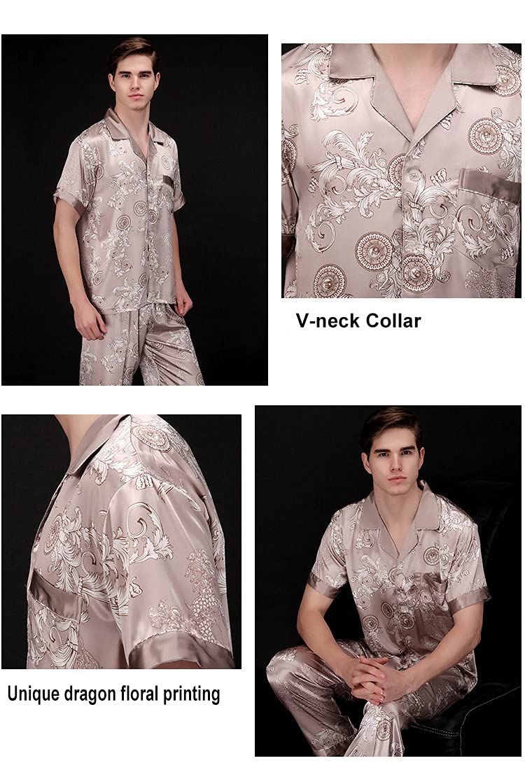 ZUEVI Men's Silk Satin Short Sleeve Pajamas Set Dragon Pattern Loungewear Button Down Pjs Set for Men(Blue Dragon-L) - Image 3